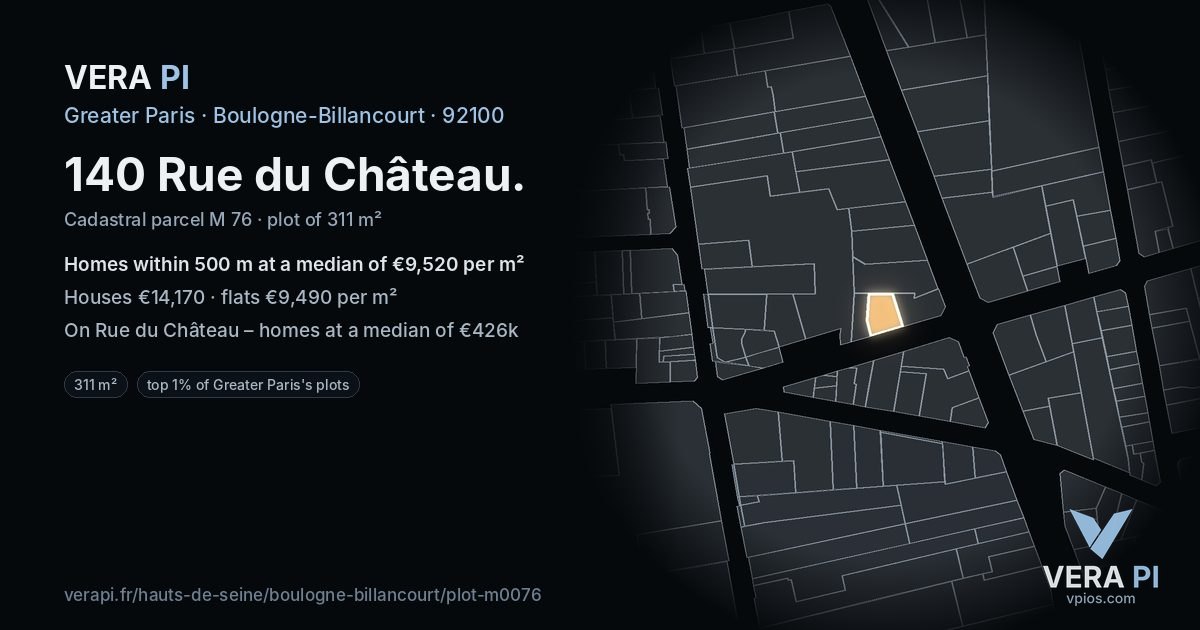 140 Rue du Château, Boulogne-Billancourt at night – the plot lit, the parcels around coloured by the prices near them