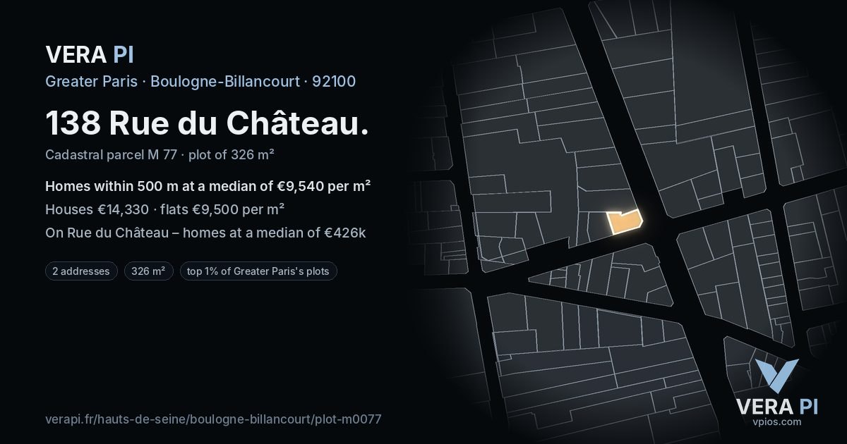 138 Rue du Château, Boulogne-Billancourt at night – the plot lit, the parcels around coloured by the prices near them