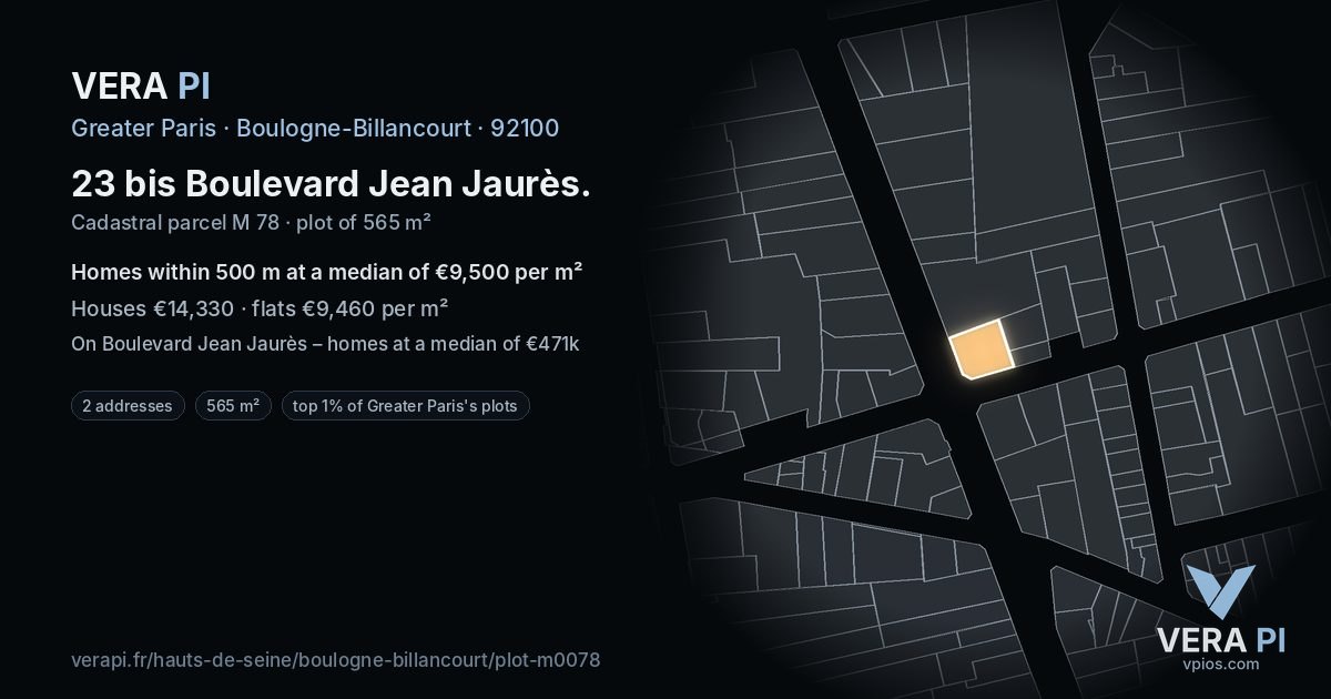23 bis Boulevard Jean Jaurès, Boulogne-Billancourt at night – the plot lit, the parcels around coloured by the prices near them