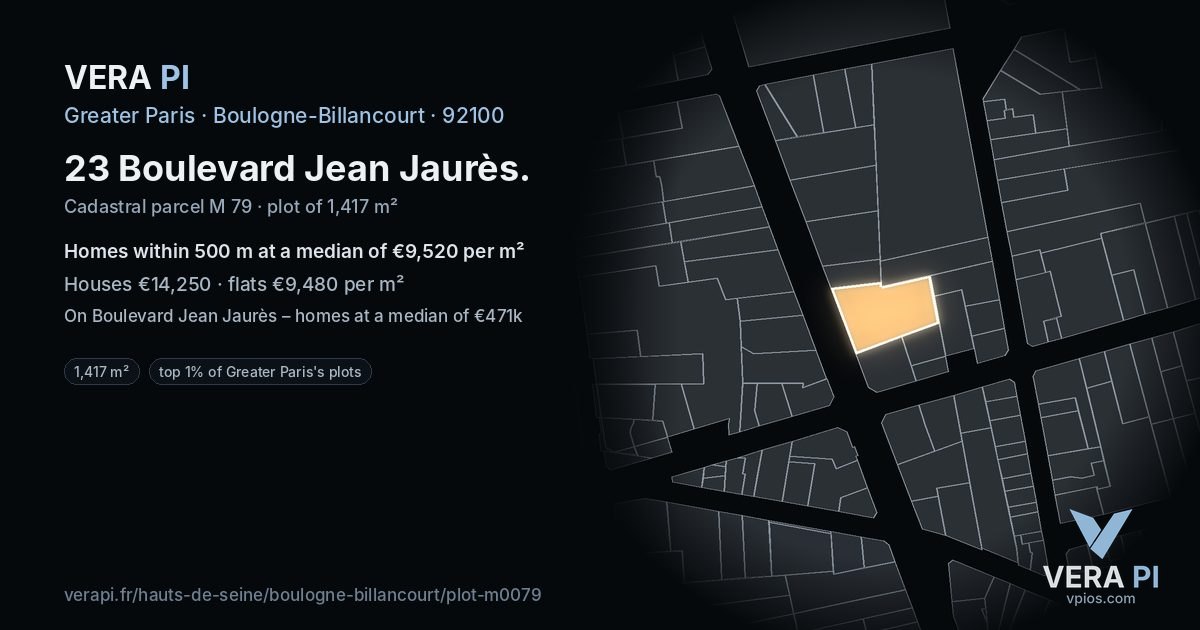 23 Boulevard Jean Jaurès, Boulogne-Billancourt at night – the plot lit, the parcels around coloured by the prices near them