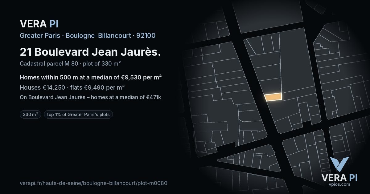 21 Boulevard Jean Jaurès, Boulogne-Billancourt at night – the plot lit, the parcels around coloured by the prices near them