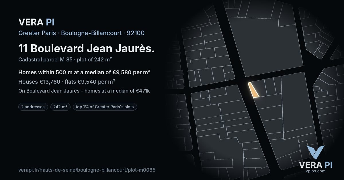11 Boulevard Jean Jaurès, Boulogne-Billancourt at night – the plot lit, the parcels around coloured by the prices near them