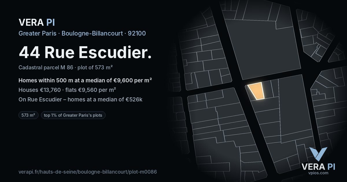 44 Rue Escudier, Boulogne-Billancourt at night – the plot lit, the parcels around coloured by the prices near them