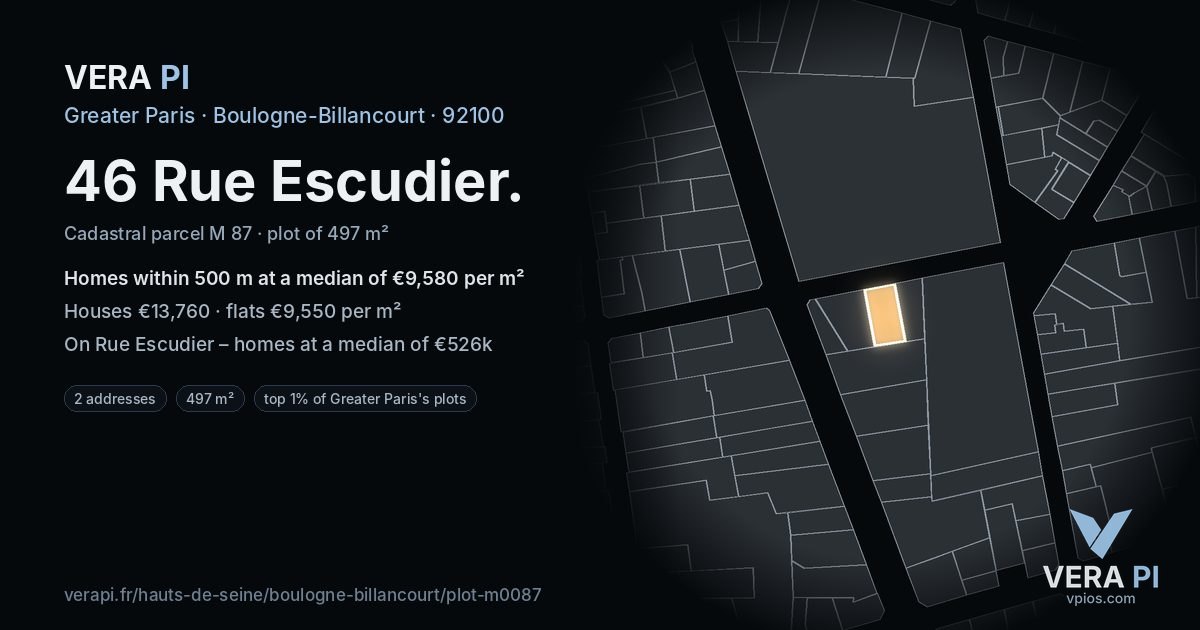 46 Rue Escudier, Boulogne-Billancourt at night – the plot lit, the parcels around coloured by the prices near them