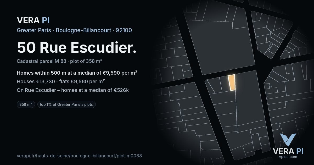 50 Rue Escudier, Boulogne-Billancourt at night – the plot lit, the parcels around coloured by the prices near them