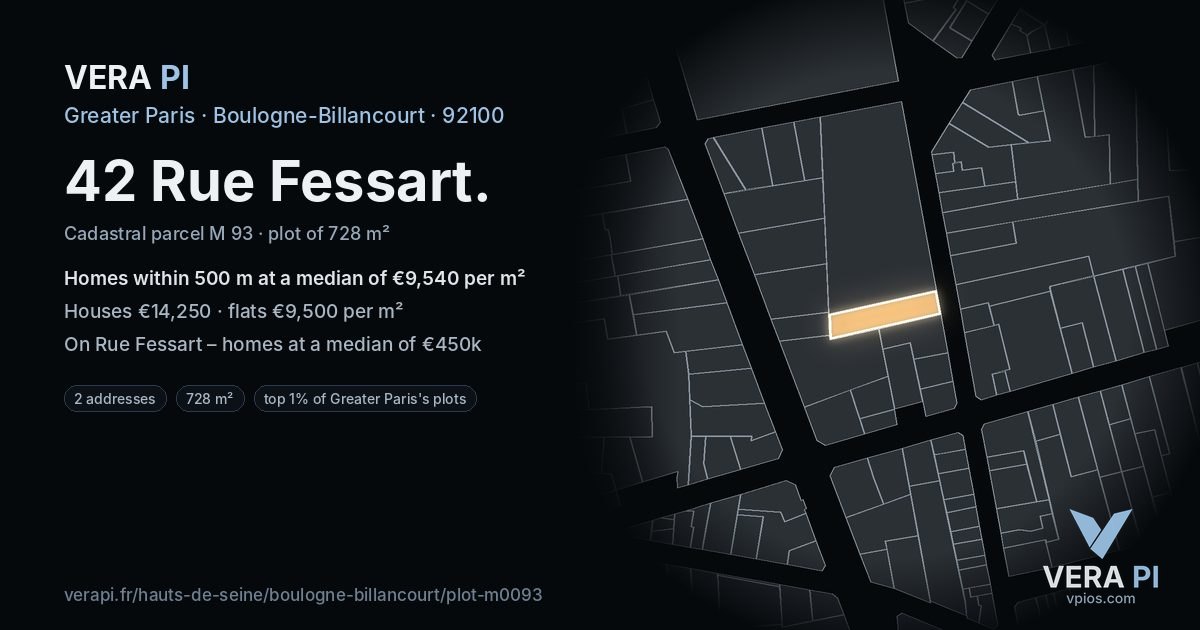 42 Rue Fessart, Boulogne-Billancourt at night – the plot lit, the parcels around coloured by the prices near them