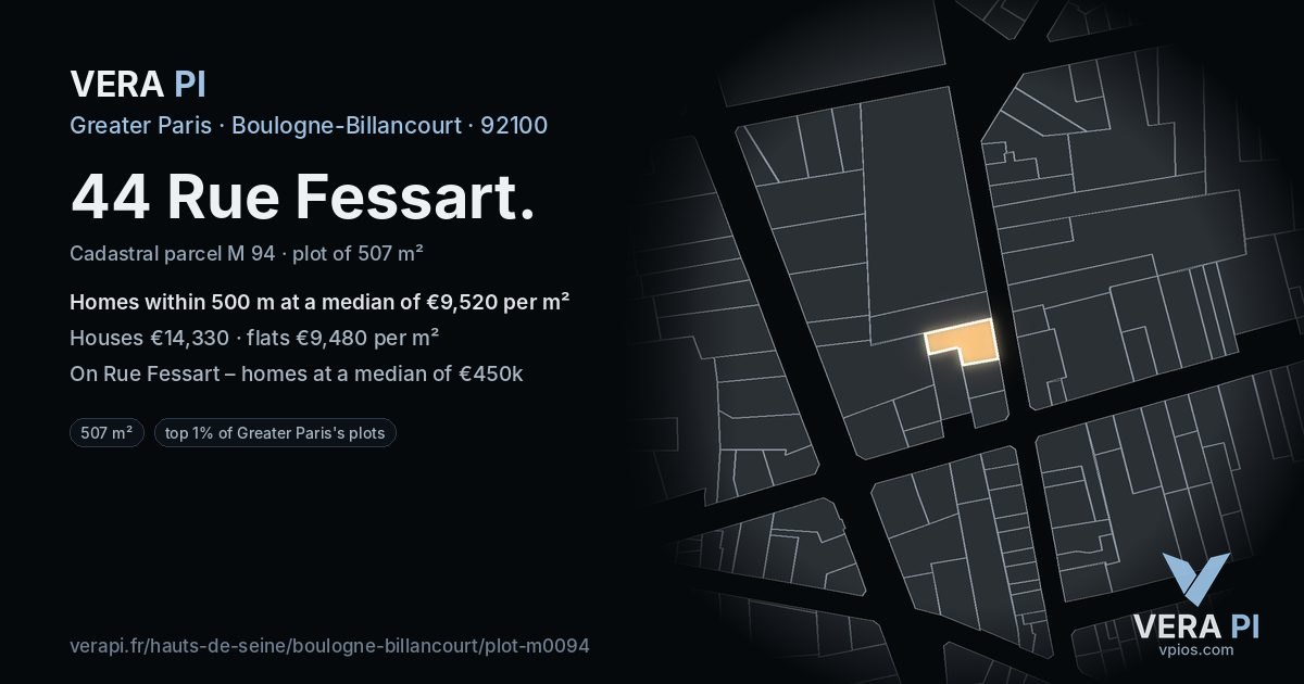 44 Rue Fessart, Boulogne-Billancourt at night – the plot lit, the parcels around coloured by the prices near them