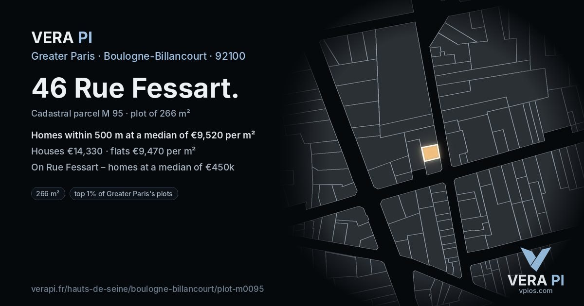 46 Rue Fessart, Boulogne-Billancourt at night – the plot lit, the parcels around coloured by the prices near them