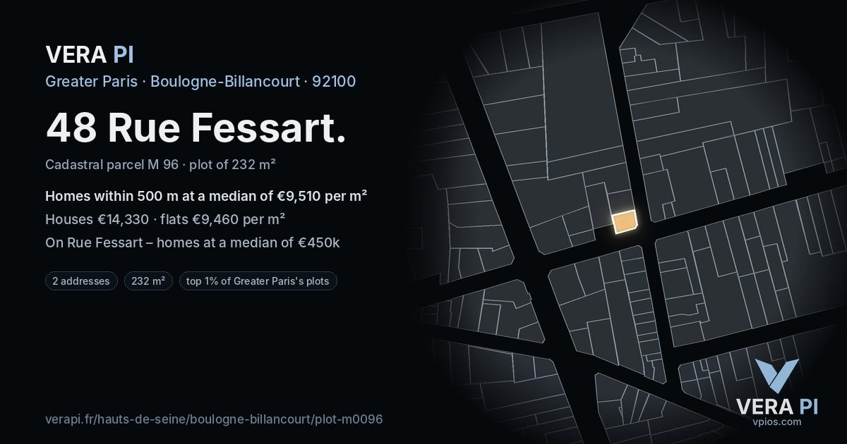 48 Rue Fessart, Boulogne-Billancourt at night – the plot lit, the parcels around coloured by the prices near them