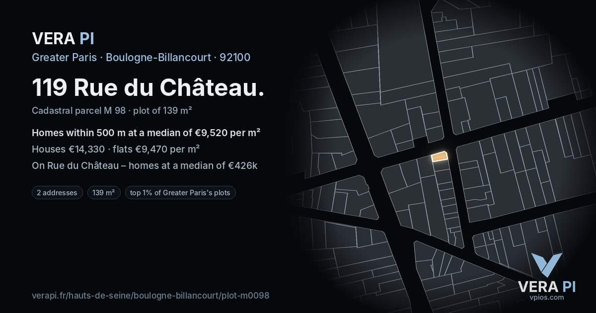 119 Rue du Château, Boulogne-Billancourt at night – the plot lit, the parcels around coloured by the prices near them