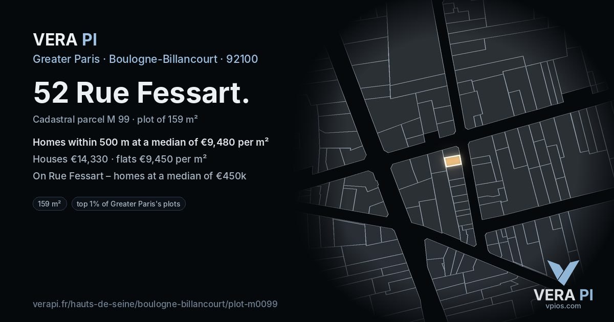 52 Rue Fessart, Boulogne-Billancourt at night – the plot lit, the parcels around coloured by the prices near them