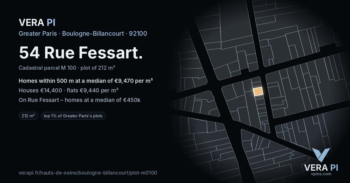 54 Rue Fessart, Boulogne-Billancourt at night – the plot lit, the parcels around coloured by the prices near them