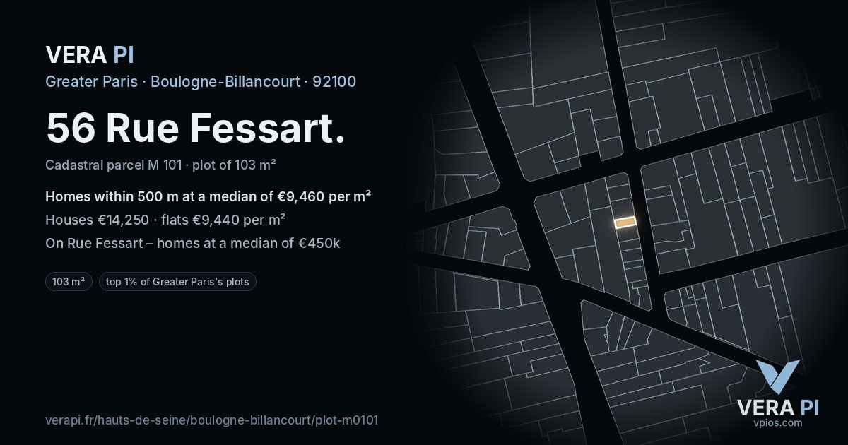 56 Rue Fessart, Boulogne-Billancourt at night – the plot lit, the parcels around coloured by the prices near them