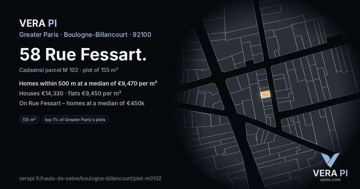 58 Rue Fessart, Boulogne-Billancourt at night – the plot lit, the parcels around coloured by the prices near them