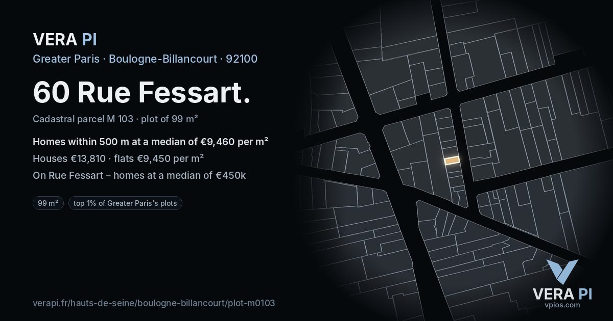60 Rue Fessart, Boulogne-Billancourt at night – the plot lit, the parcels around coloured by the prices near them