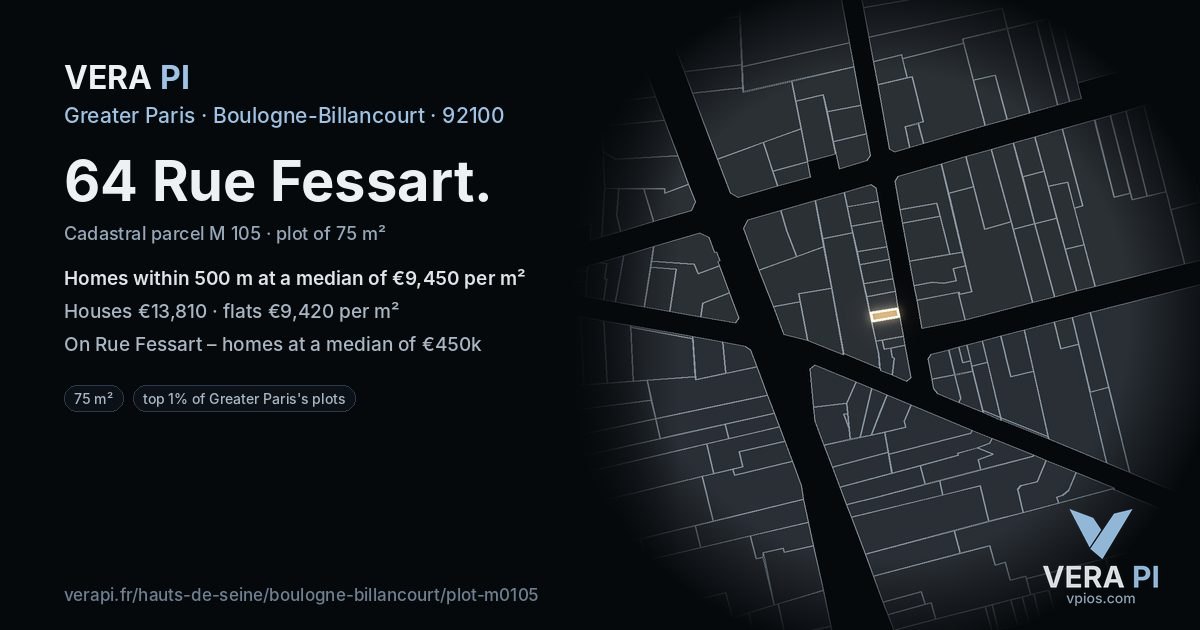 64 Rue Fessart, Boulogne-Billancourt at night – the plot lit, the parcels around coloured by the prices near them