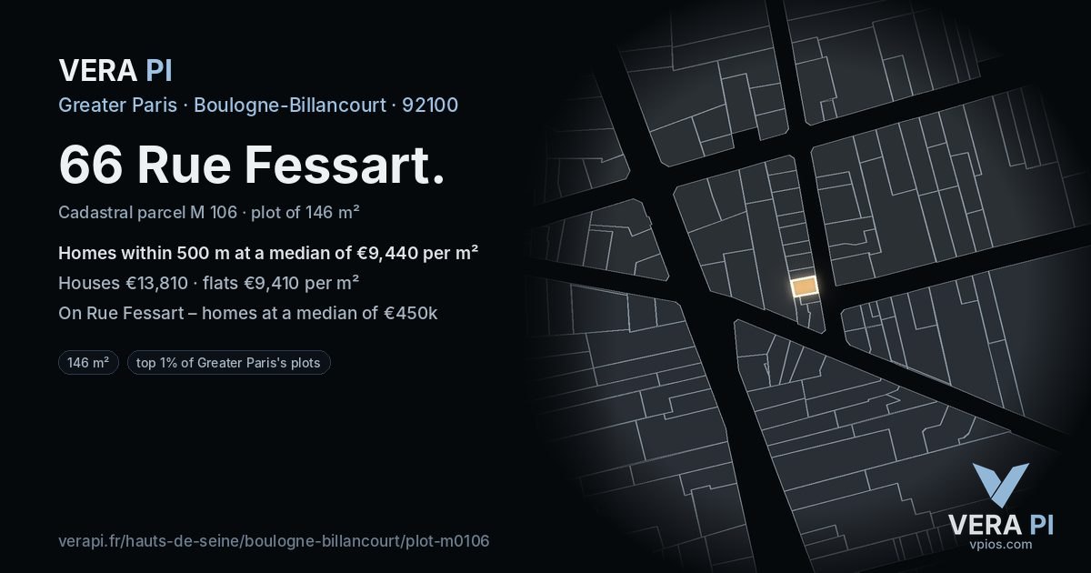 66 Rue Fessart, Boulogne-Billancourt at night – the plot lit, the parcels around coloured by the prices near them