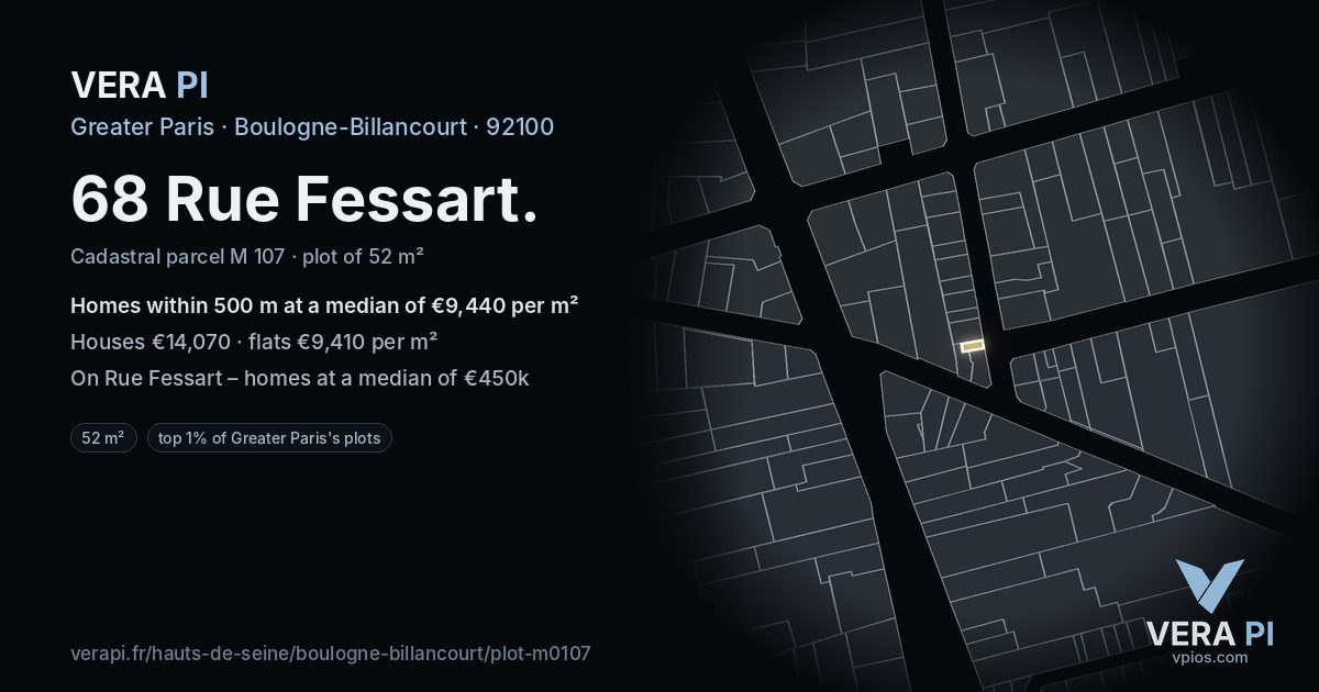 68 Rue Fessart, Boulogne-Billancourt at night – the plot lit, the parcels around coloured by the prices near them