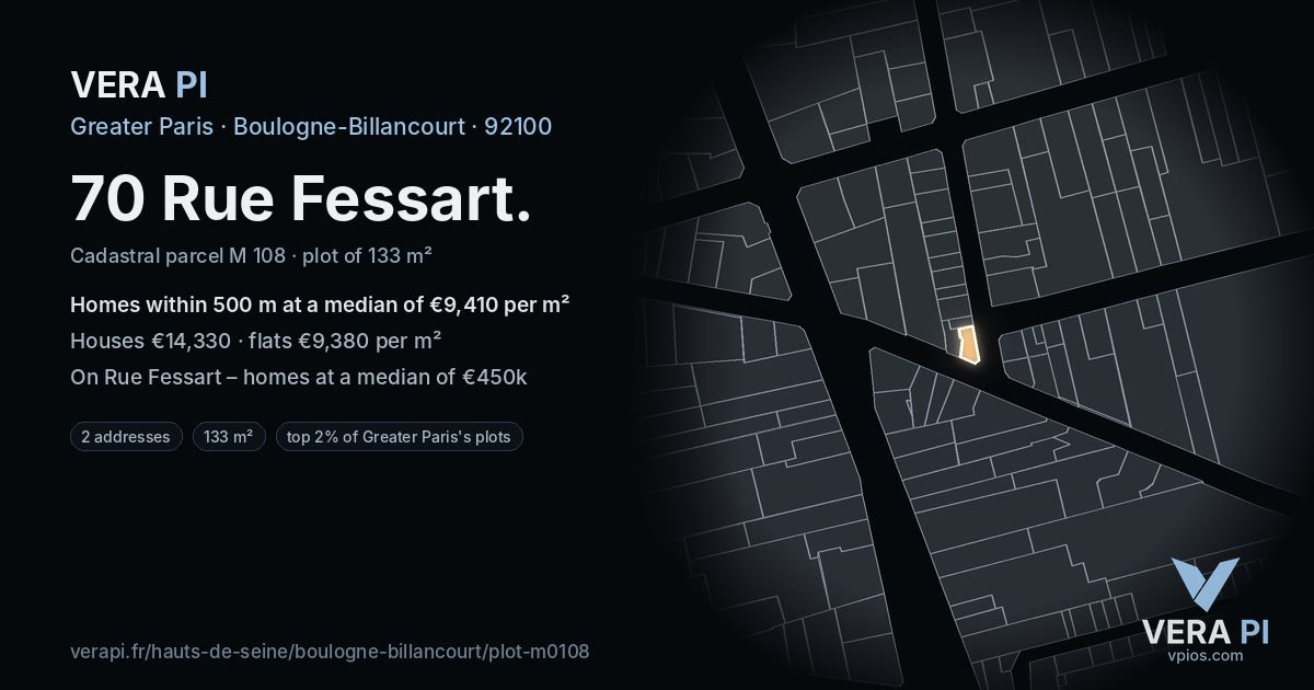 70 Rue Fessart, Boulogne-Billancourt at night – the plot lit, the parcels around coloured by the prices near them