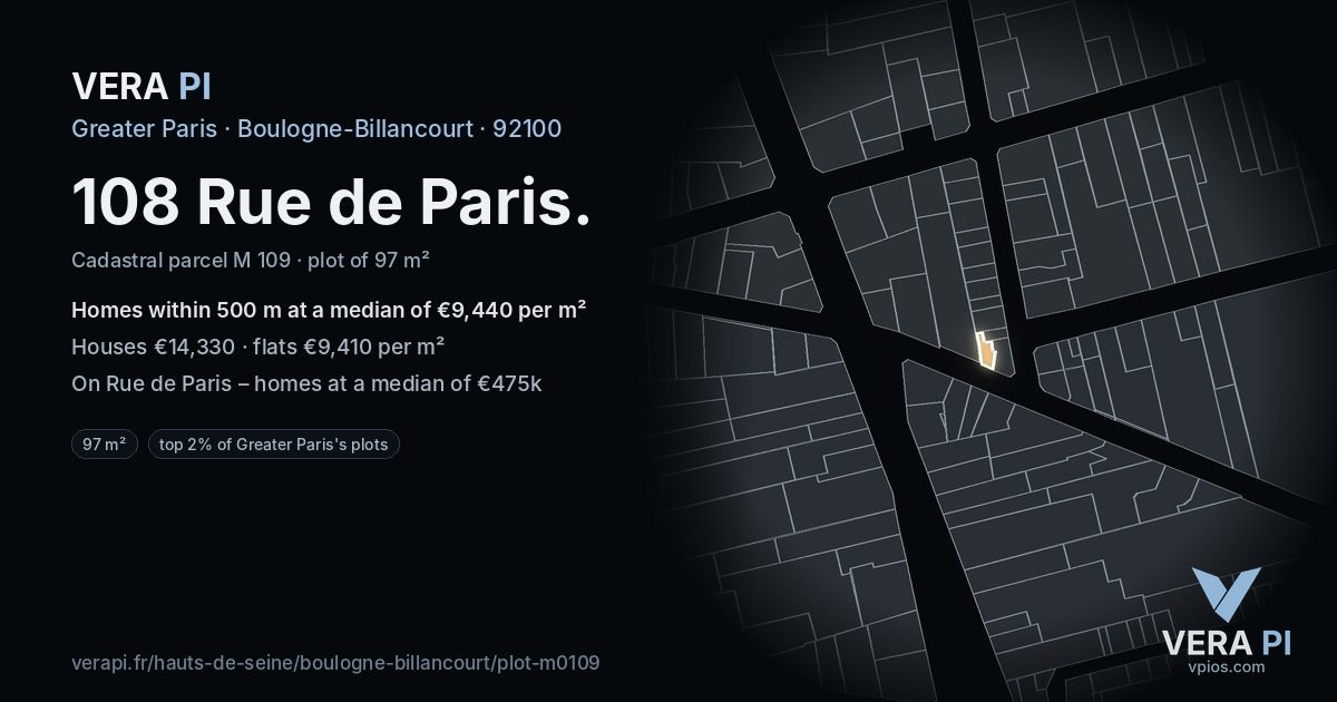 108 Rue de Paris, Boulogne-Billancourt at night – the plot lit, the parcels around coloured by the prices near them