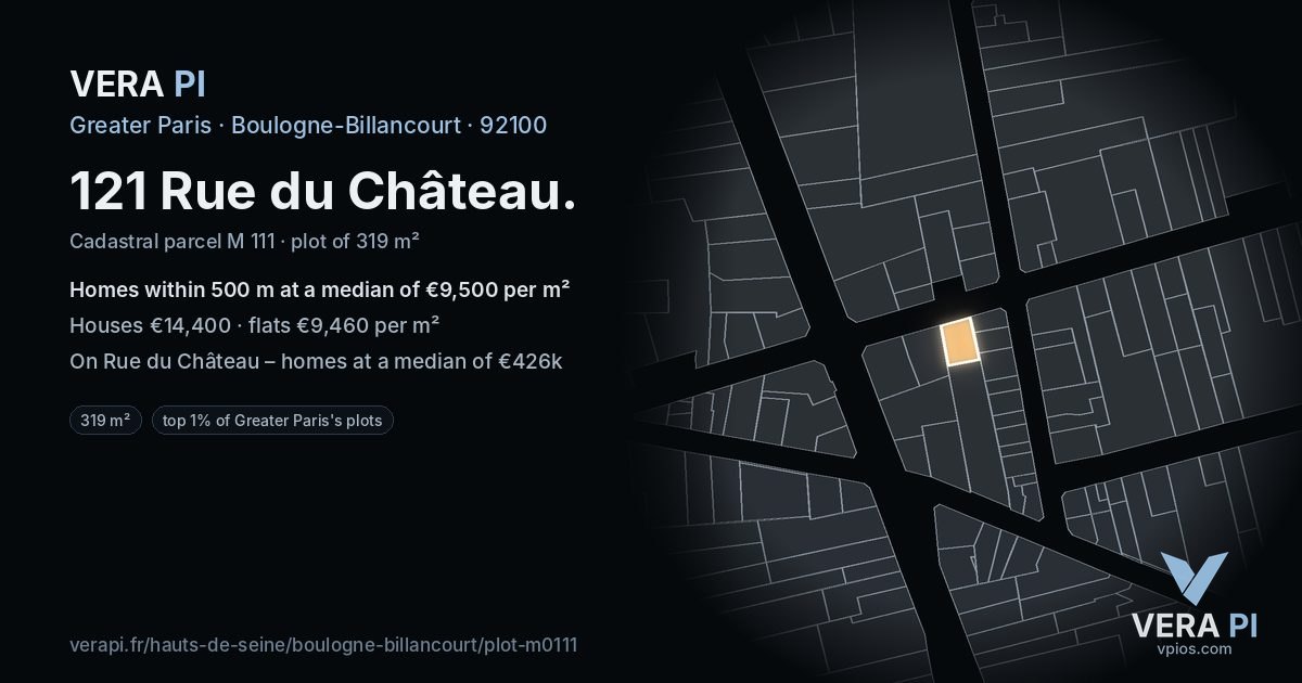 121 Rue du Château, Boulogne-Billancourt at night – the plot lit, the parcels around coloured by the prices near them