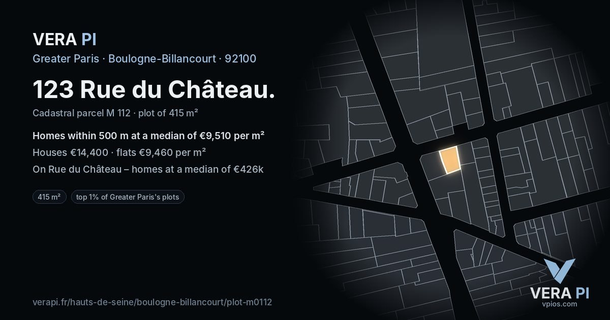 123 Rue du Château, Boulogne-Billancourt at night – the plot lit, the parcels around coloured by the prices near them