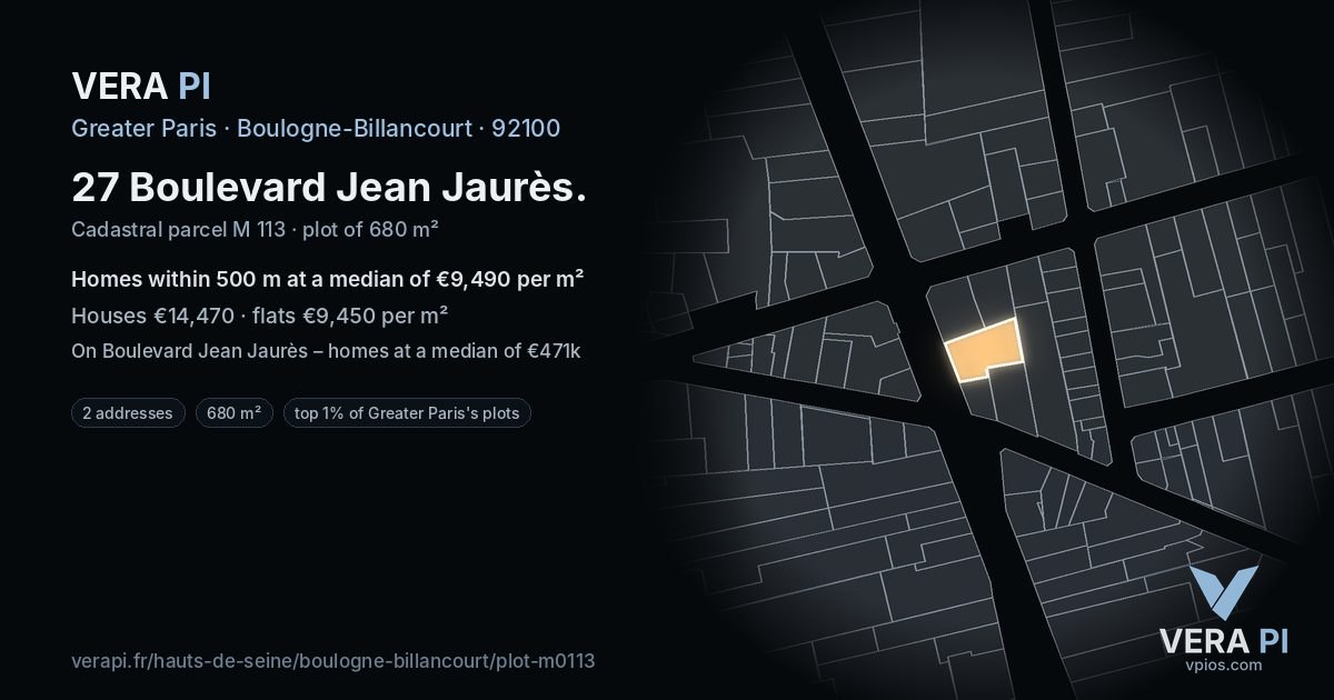 27 Boulevard Jean Jaurès, Boulogne-Billancourt at night – the plot lit, the parcels around coloured by the prices near them