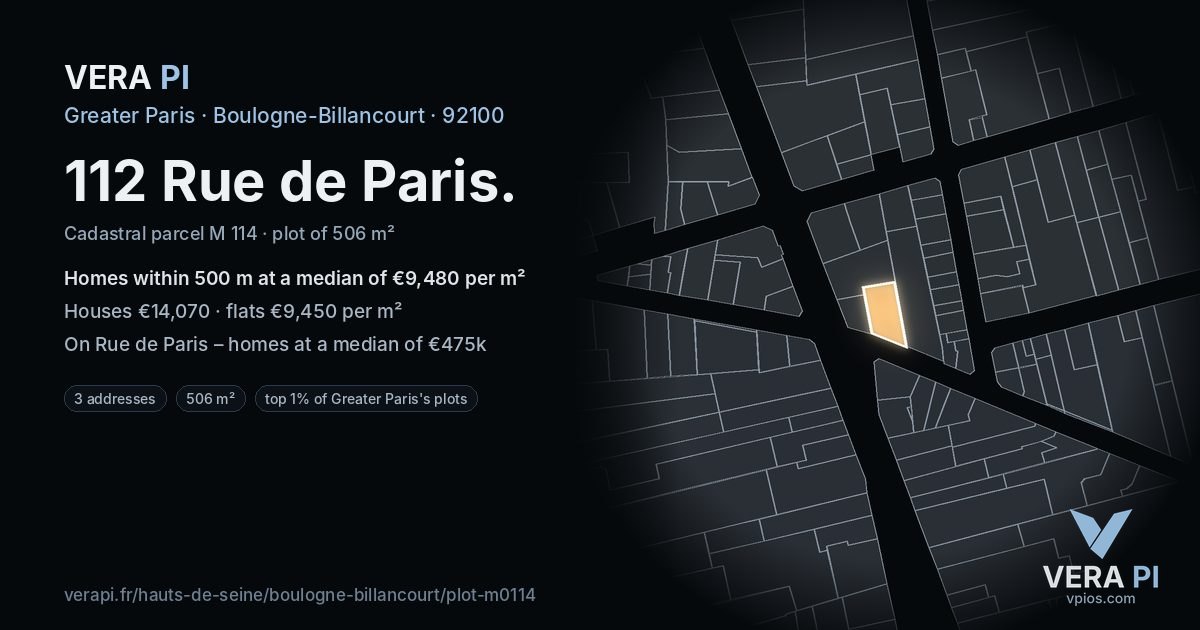 112 Rue de Paris, Boulogne-Billancourt at night – the plot lit, the parcels around coloured by the prices near them