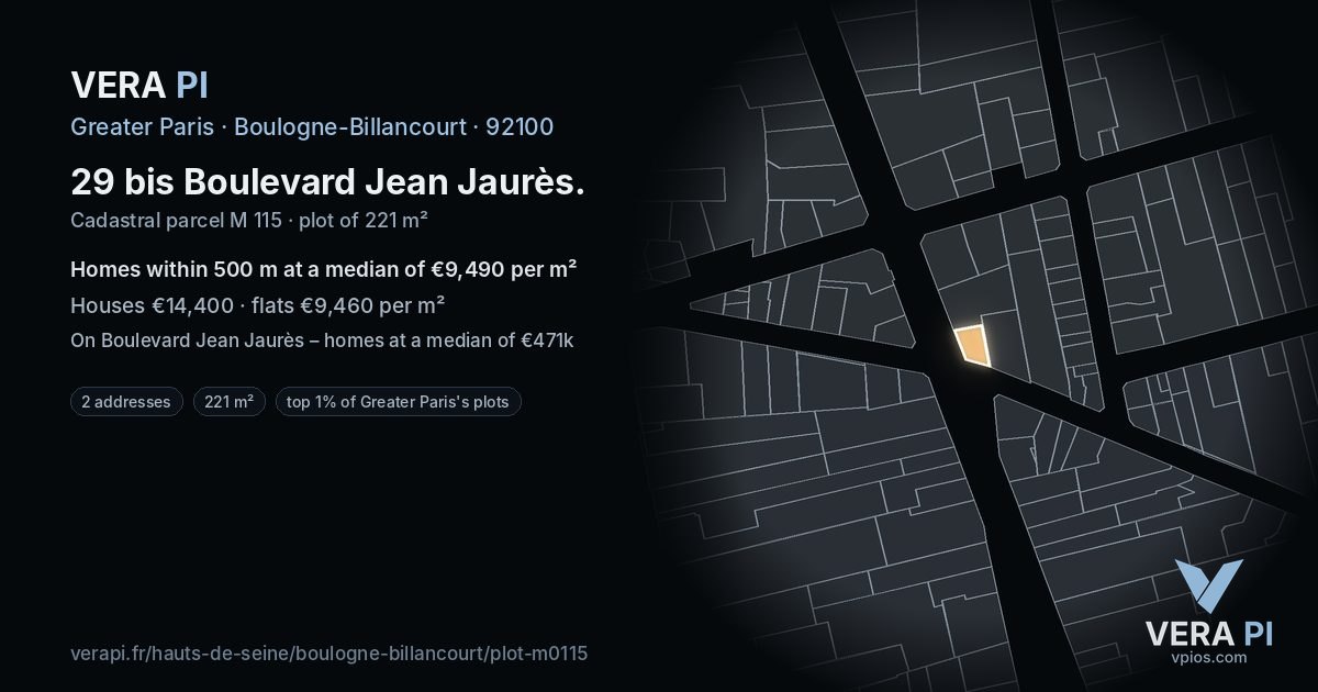 29 bis Boulevard Jean Jaurès, Boulogne-Billancourt at night – the plot lit, the parcels around coloured by the prices near them