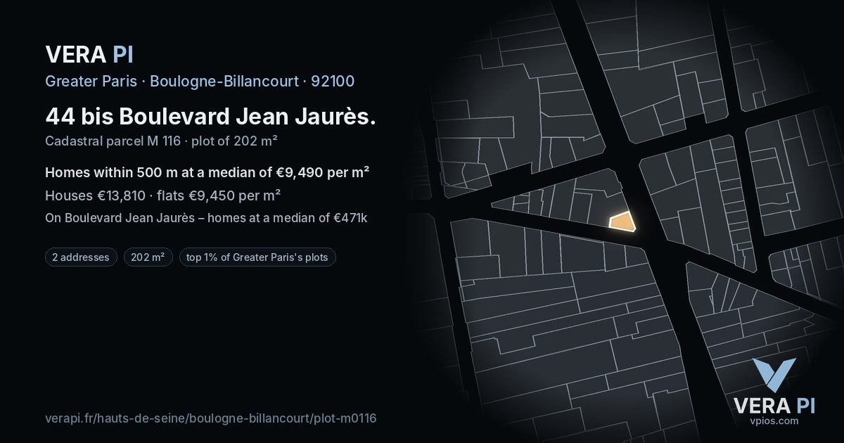 44 bis Boulevard Jean Jaurès, Boulogne-Billancourt at night – the plot lit, the parcels around coloured by the prices near them