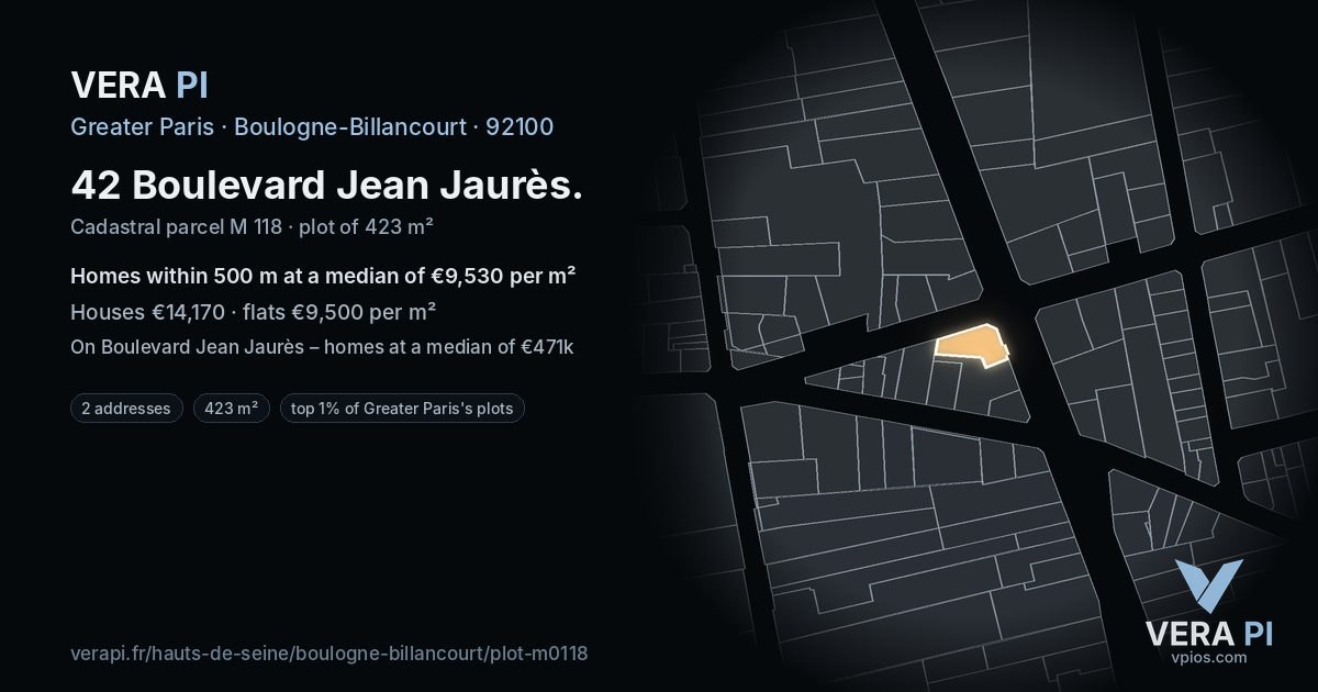 42 Boulevard Jean Jaurès, Boulogne-Billancourt at night – the plot lit, the parcels around coloured by the prices near them
