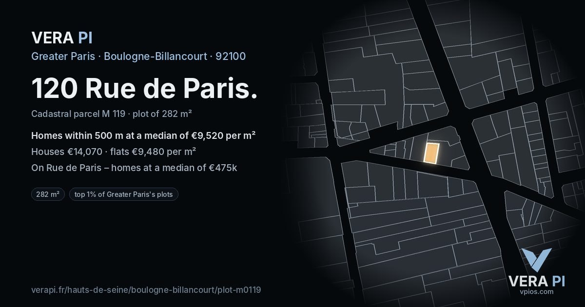 120 Rue de Paris, Boulogne-Billancourt at night – the plot lit, the parcels around coloured by the prices near them