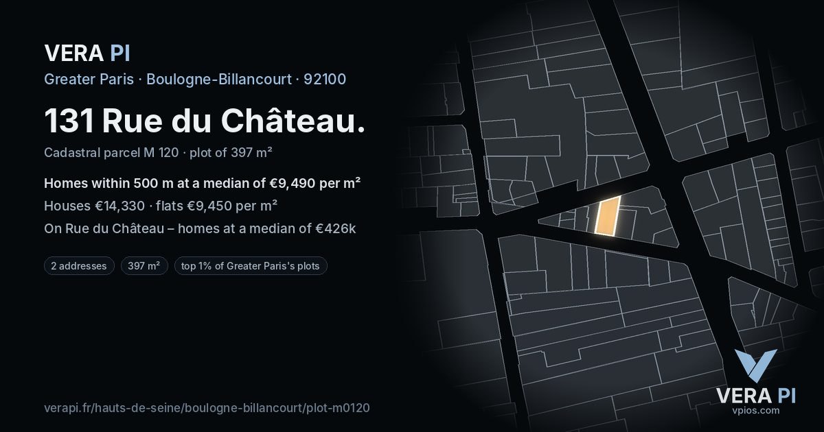 131 Rue du Château, Boulogne-Billancourt at night – the plot lit, the parcels around coloured by the prices near them