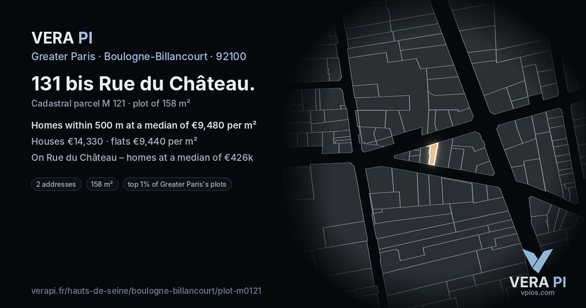 131 bis Rue du Château, Boulogne-Billancourt at night – the plot lit, the parcels around coloured by the prices near them