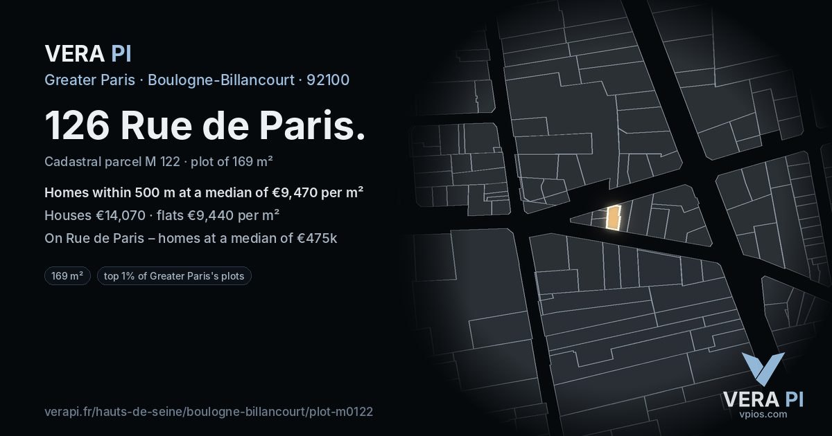 126 Rue de Paris, Boulogne-Billancourt at night – the plot lit, the parcels around coloured by the prices near them