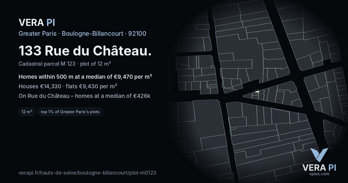 133 Rue du Château, Boulogne-Billancourt at night – the plot lit, the parcels around coloured by the prices near them