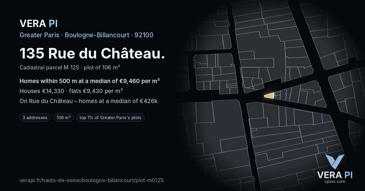 135 Rue du Château, Boulogne-Billancourt at night – the plot lit, the parcels around coloured by the prices near them