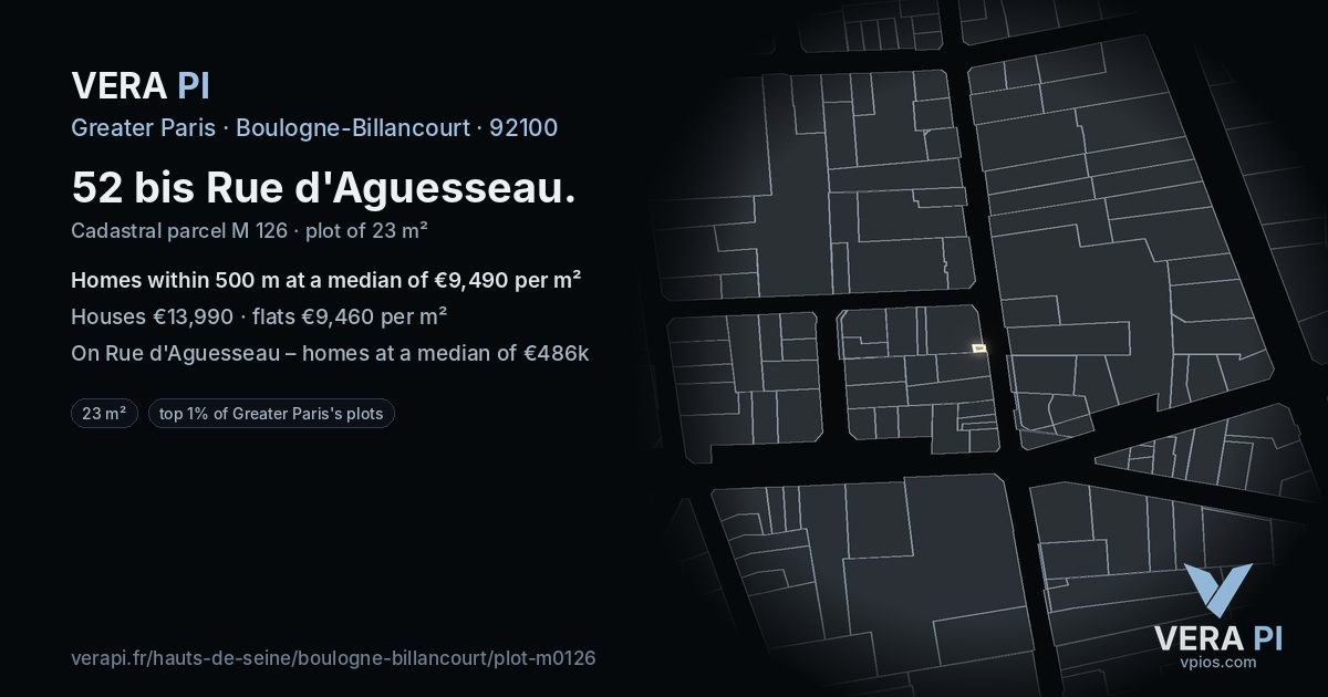 52 bis Rue d'Aguesseau, Boulogne-Billancourt at night – the plot lit, the parcels around coloured by the prices near them