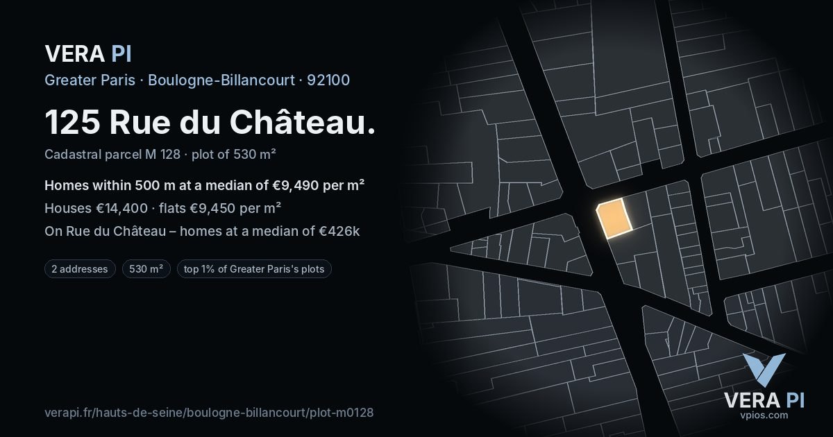 125 Rue du Château, Boulogne-Billancourt at night – the plot lit, the parcels around coloured by the prices near them