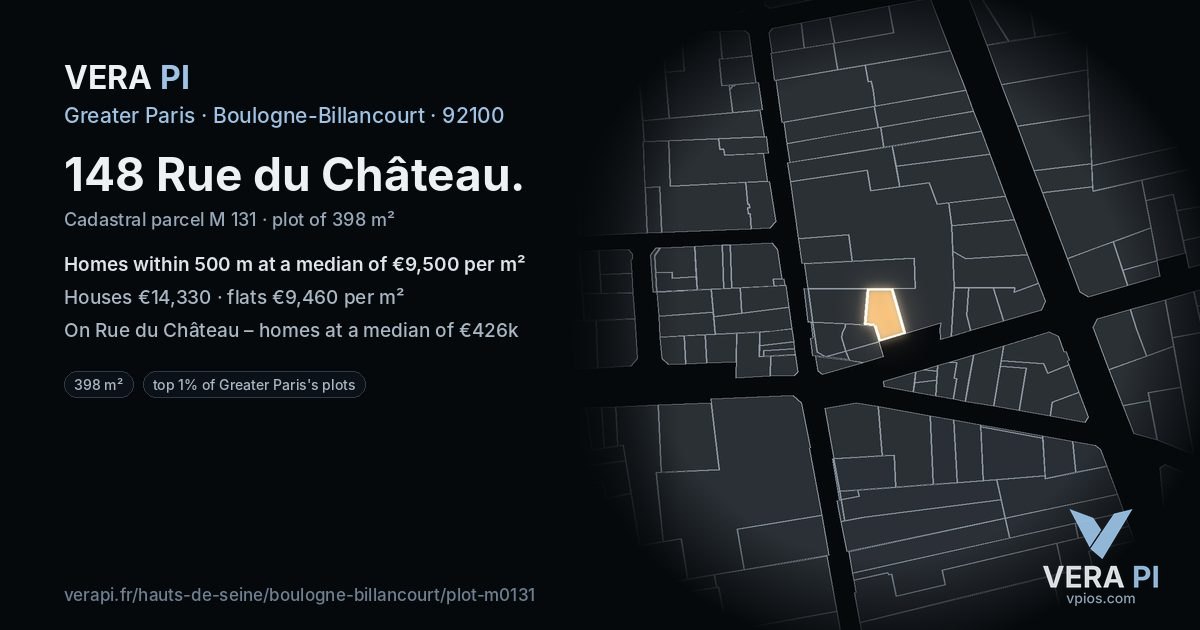 148 Rue du Château, Boulogne-Billancourt at night – the plot lit, the parcels around coloured by the prices near them