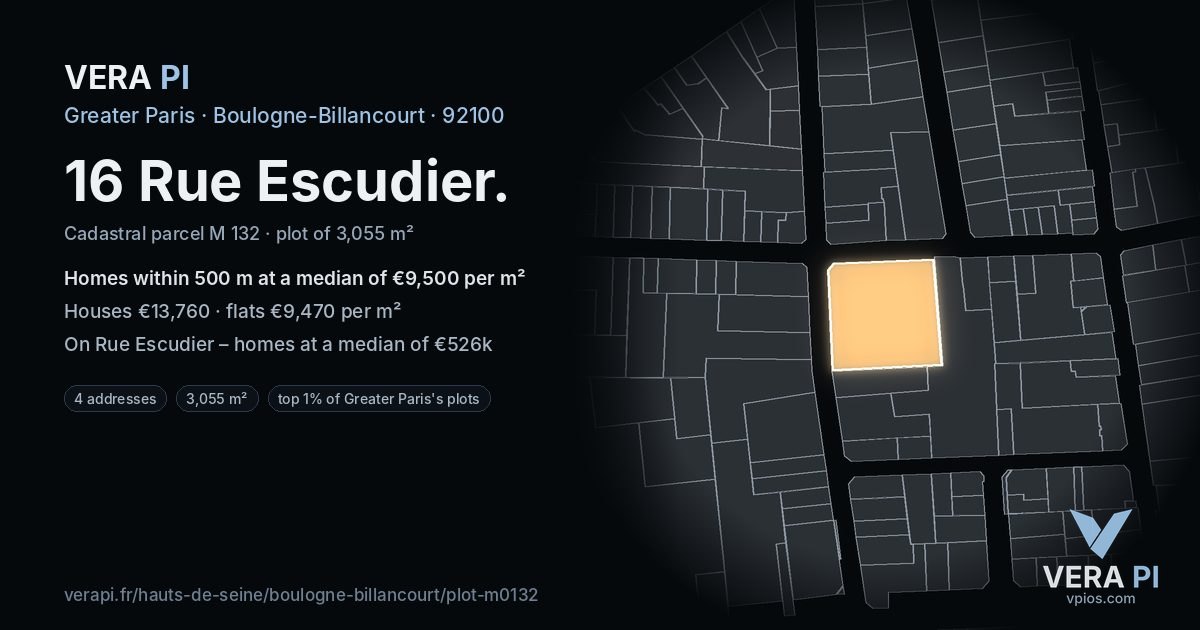 16 Rue Escudier, Boulogne-Billancourt at night – the plot lit, the parcels around coloured by the prices near them