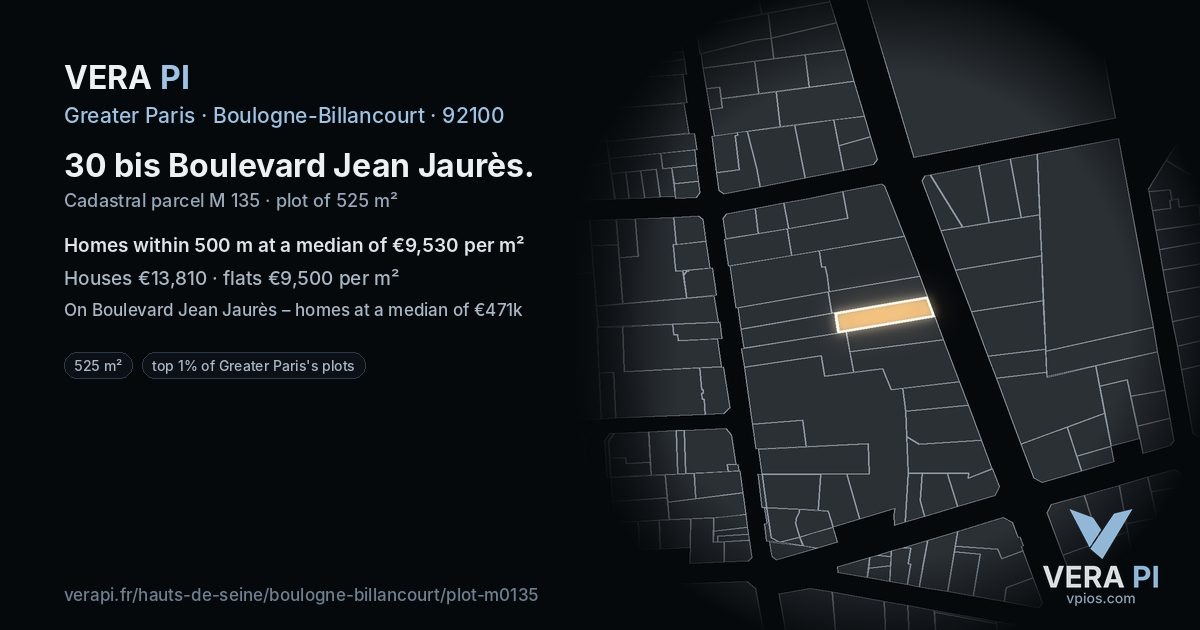 30 bis Boulevard Jean Jaurès, Boulogne-Billancourt at night – the plot lit, the parcels around coloured by the prices near them