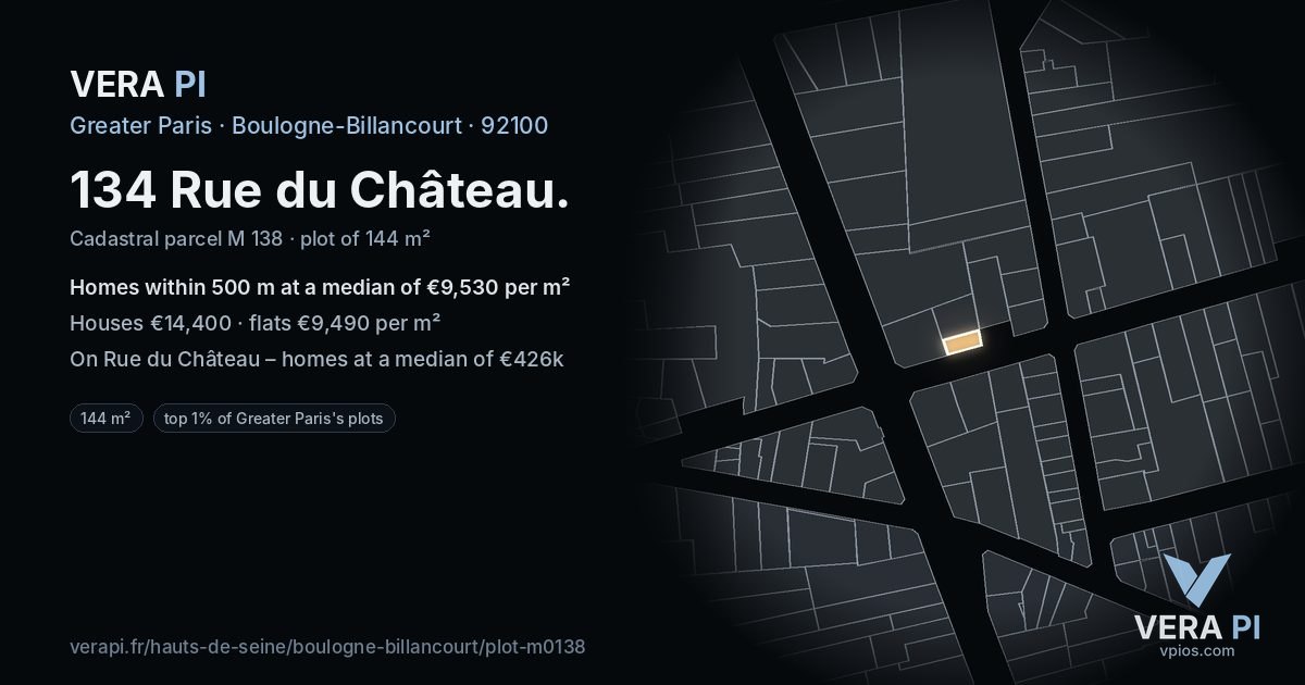134 Rue du Château, Boulogne-Billancourt at night – the plot lit, the parcels around coloured by the prices near them