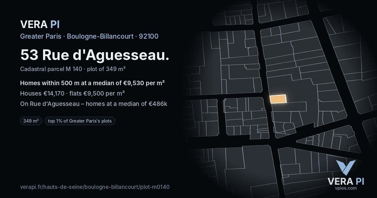 53 Rue d'Aguesseau, Boulogne-Billancourt at night – the plot lit, the parcels around coloured by the prices near them