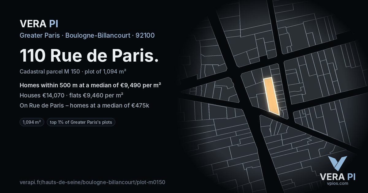 110 Rue de Paris, Boulogne-Billancourt at night – the plot lit, the parcels around coloured by the prices near them