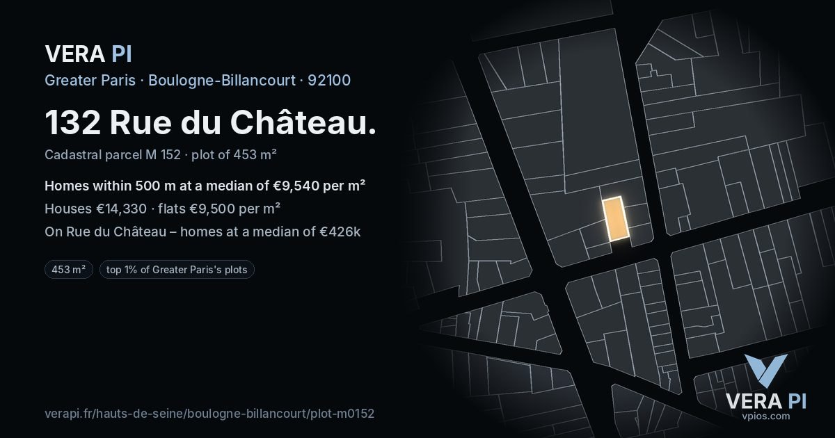 132 Rue du Château, Boulogne-Billancourt at night – the plot lit, the parcels around coloured by the prices near them
