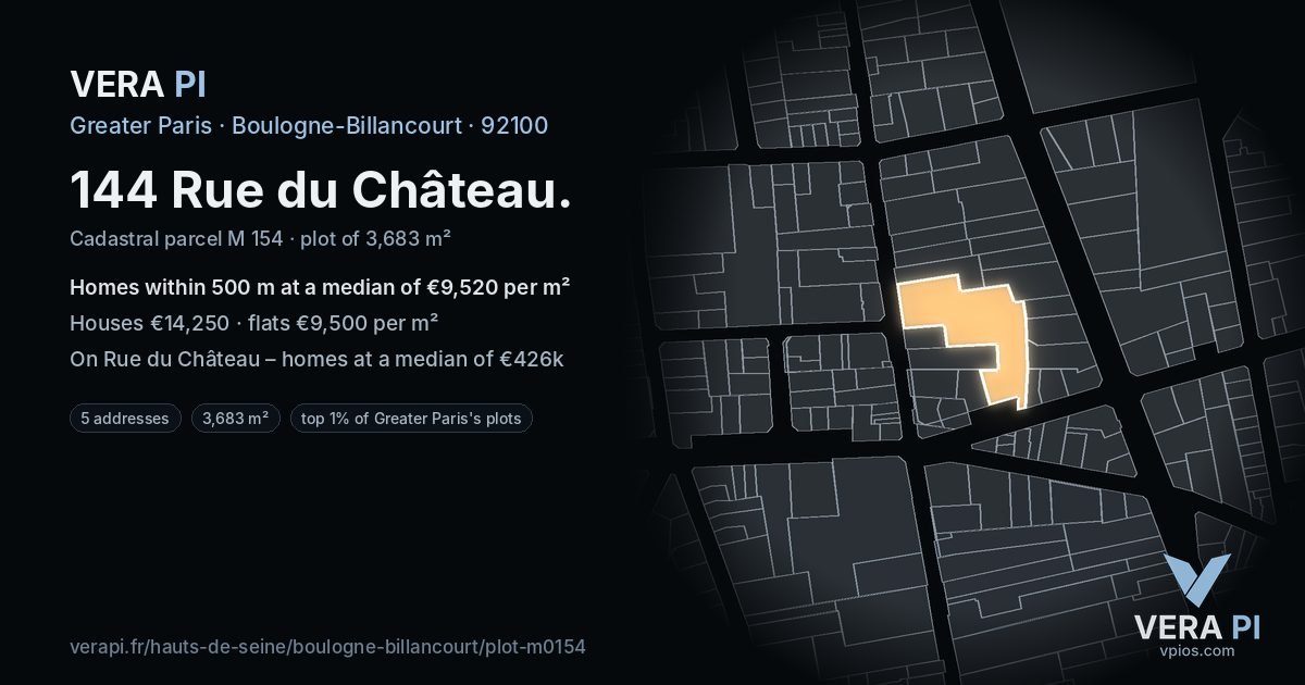 144 Rue du Château, Boulogne-Billancourt at night – the plot lit, the parcels around coloured by the prices near them