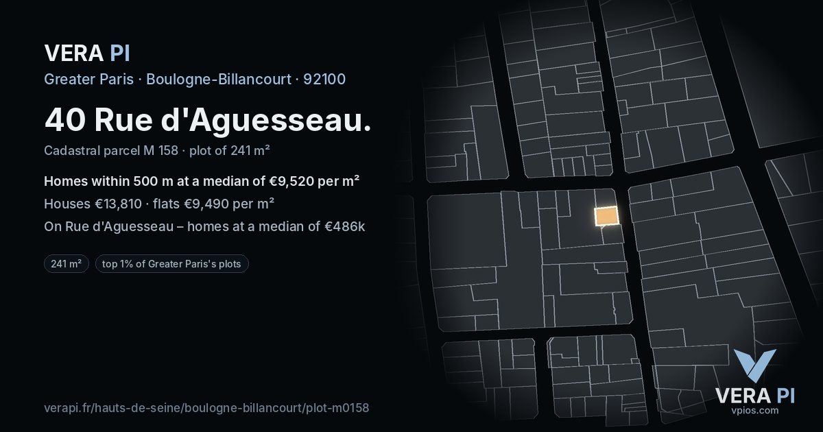 40 Rue d'Aguesseau, Boulogne-Billancourt at night – the plot lit, the parcels around coloured by the prices near them