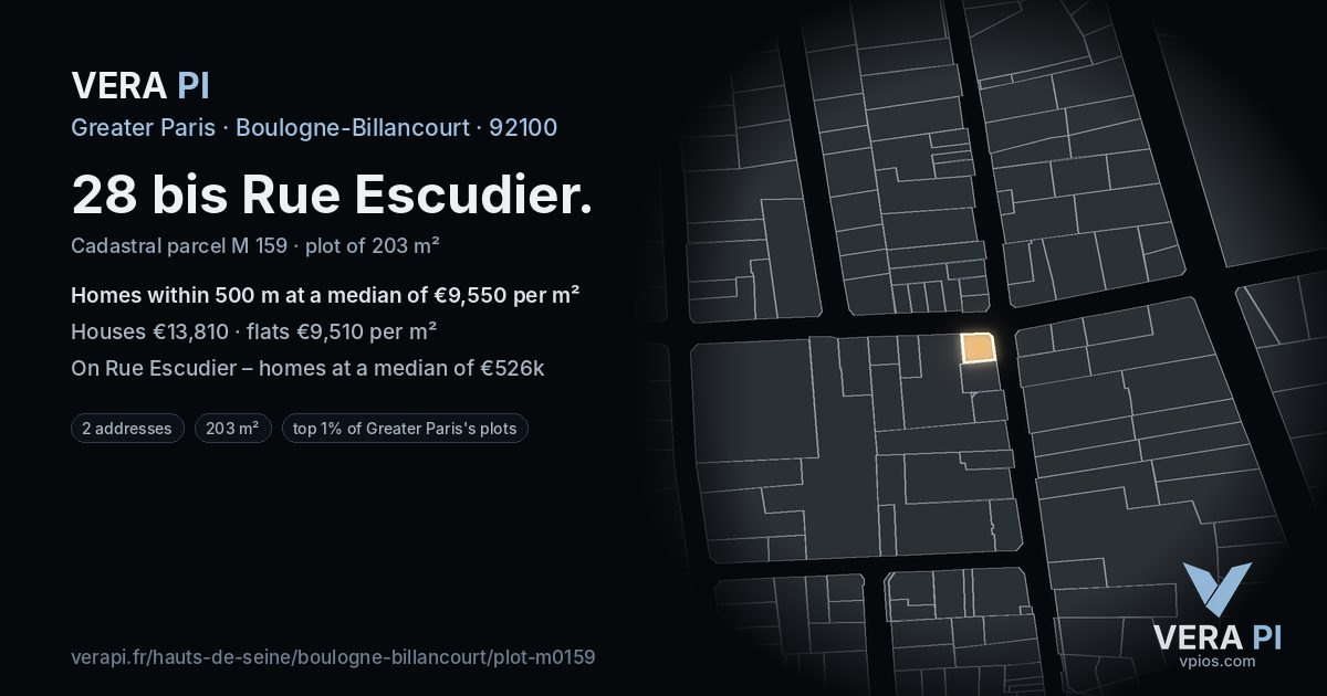 28 bis Rue Escudier, Boulogne-Billancourt at night – the plot lit, the parcels around coloured by the prices near them