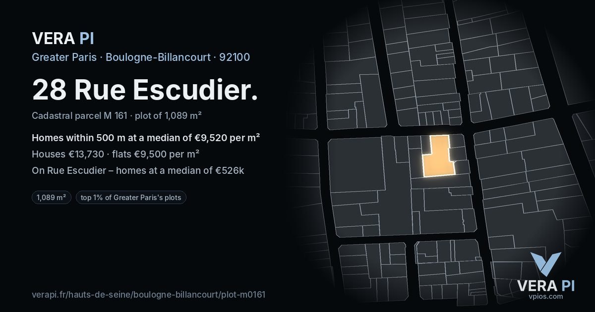 28 Rue Escudier, Boulogne-Billancourt at night – the plot lit, the parcels around coloured by the prices near them
